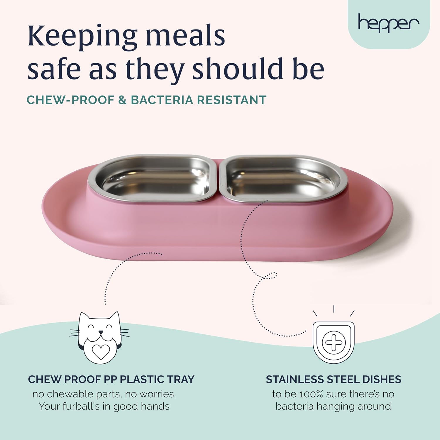 Hepper NomNom - Spill Proof Elevated Cat Bowls for Food and Water - Whisker Relief Bowl + Raised Cat Food Bowls: a Safe Dish for Messy Cats - Stainless Steel Bowl Station (Pink)