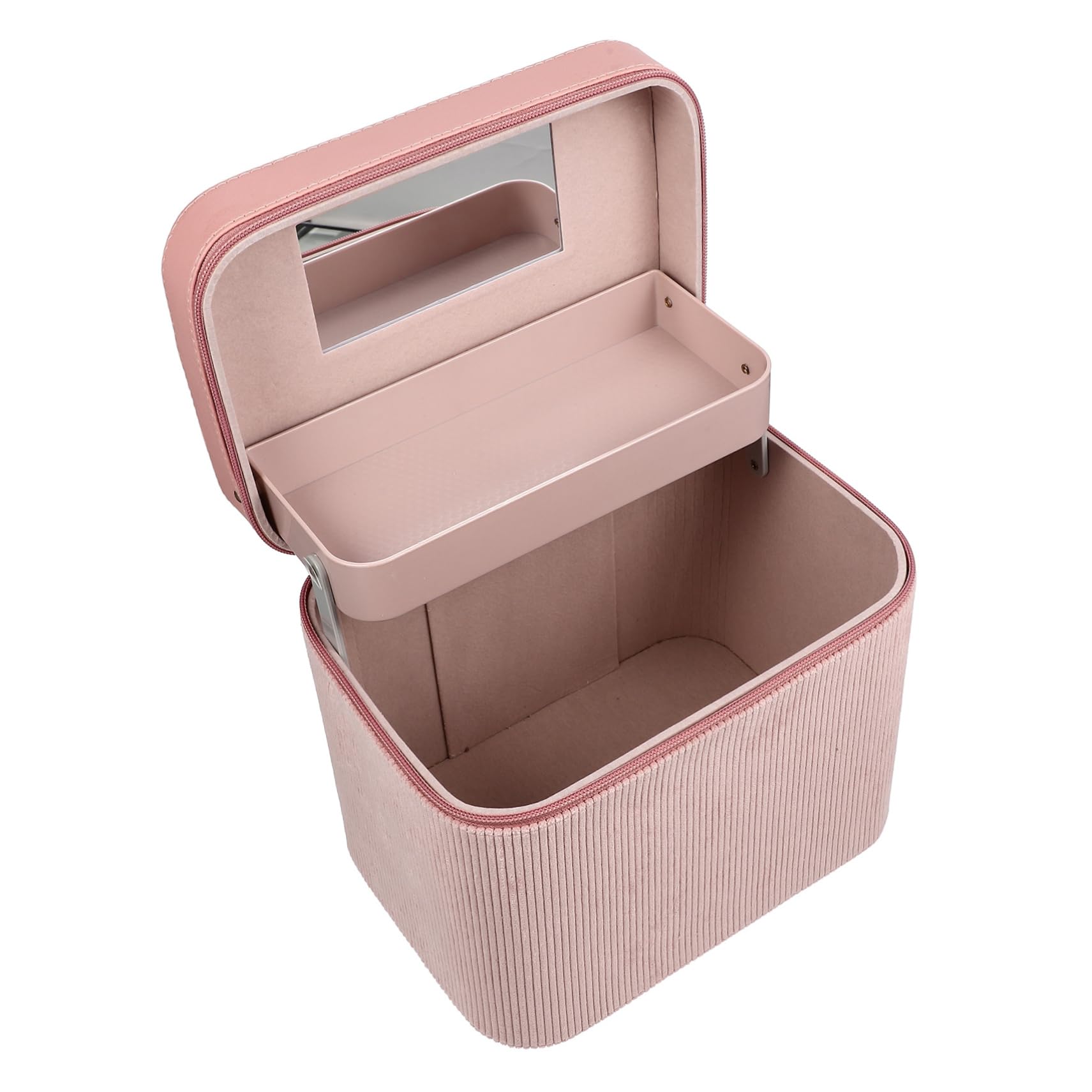 Tragbare Zweilagige Makeup Aufbewahrungsbox aus Cord Rosa mit Spiegel für Frauen für Reise und Zuhause