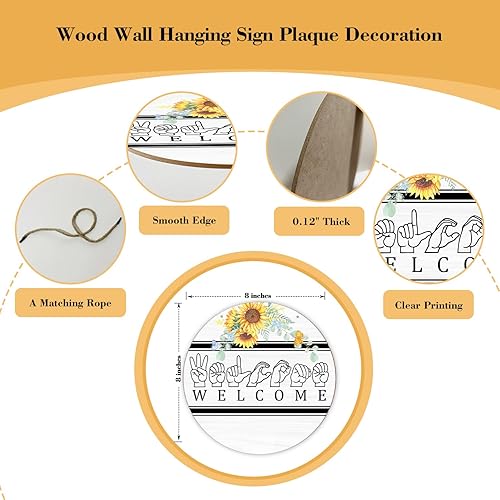 Miniatura 2 de Placa de madera para colgar en la pared, letrero redondo de madera de bienvenida con cordel, decoración de lenguaje de signos florales, puerta,