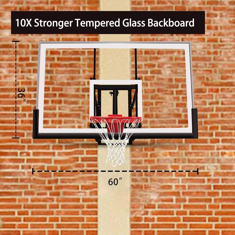 katop 60 Inch Wall Moundted Basketball Goal Hoop with a High-Performance Tempered Glass Backboard, Effortlessly Height Adjustable from 7.5 to 10 Feet Fit Indoor and Outdoor Wall (60'' Backboard) : Sports & Outdoors