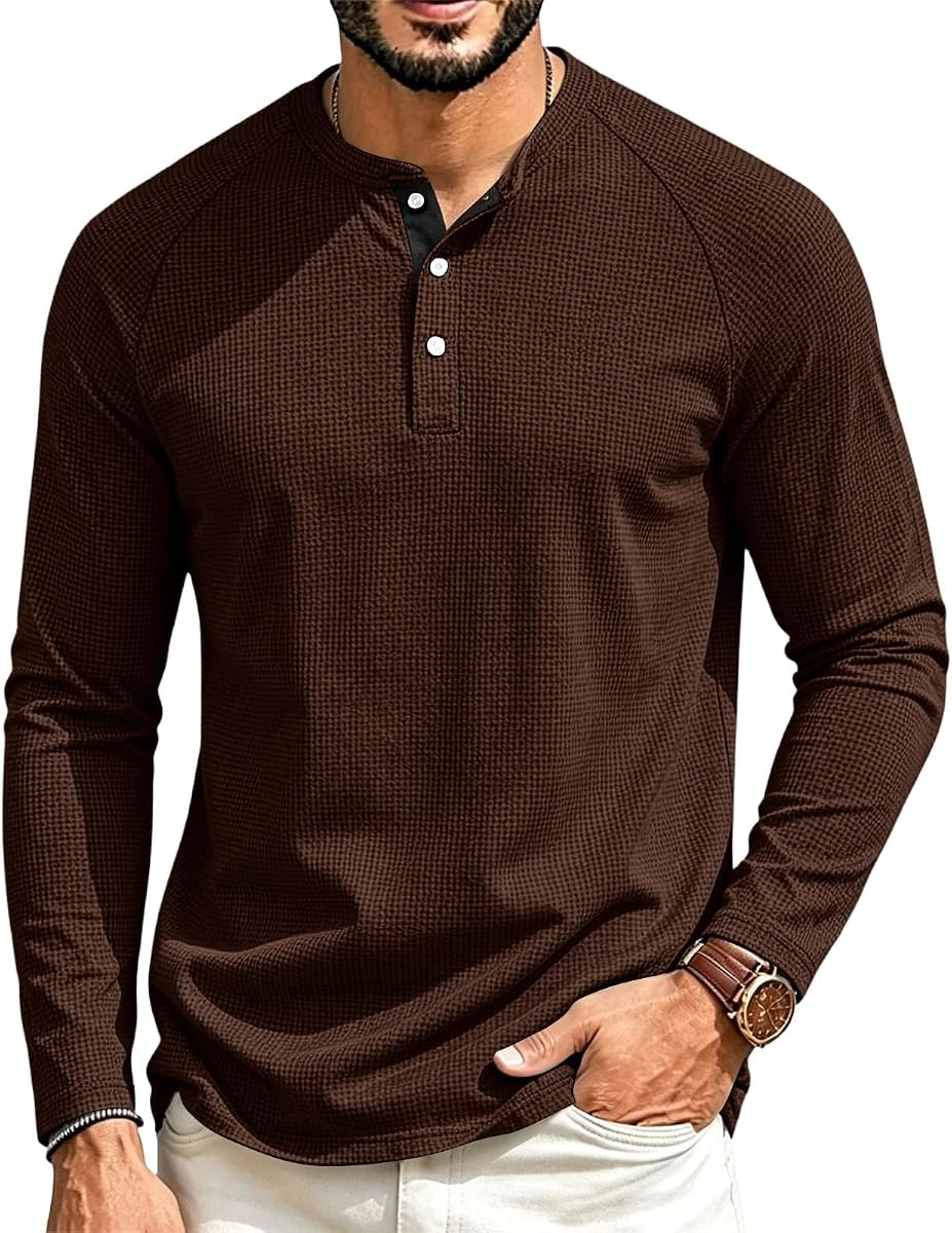 Henley Shirts for Men Casual Waffle Shirt Fashion Fall Soft Lightweight Top | Oversized Sweaters Soft Loose Long Sleeve Tops Classic 3 Button Up Blouse Solid Color Knit Tops Business Office