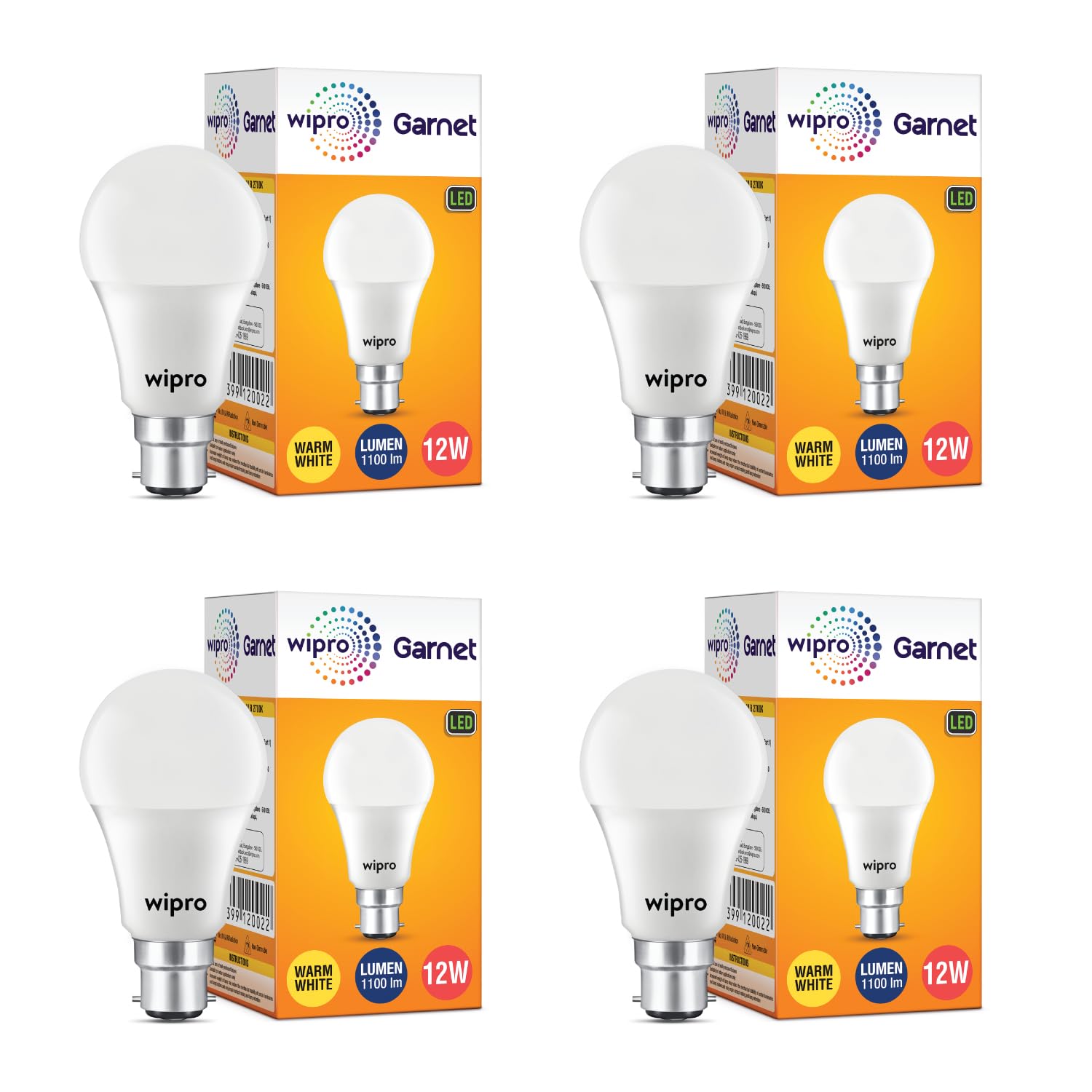 wipro Garnet Base B22D 12-Watt Led Bulb (Pack Of 4, Yellow)