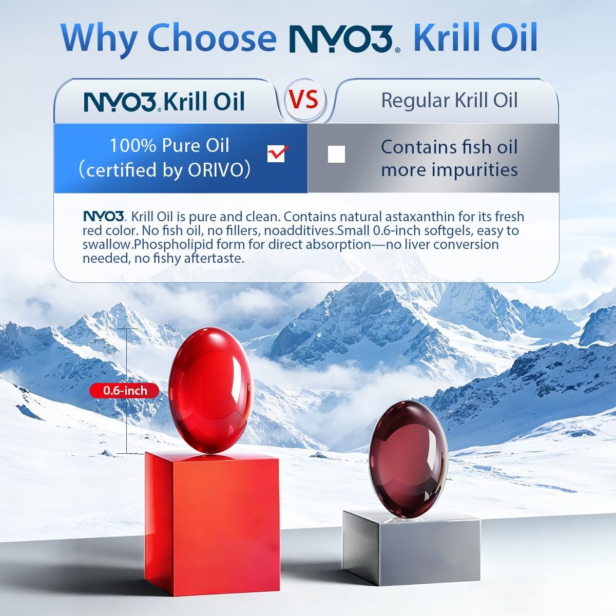 NYO3 Krill Oil Omega 3 Supplement 1000mg 270 Softgels EPA & DHA, Pure Antarctic Krill Oil with Astaxanthin and 56% Phospholipids Laboratory Tested