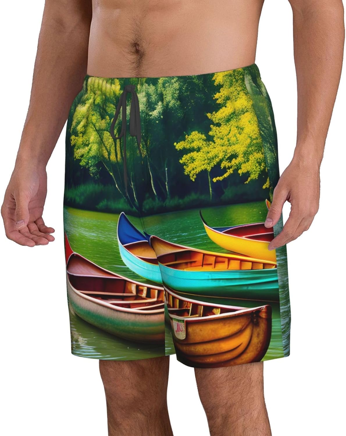 Mens Lake with Boats Canoes Park Print Beach Shorts,Casual Summer Shorts for Men,Quick Dry Polyester