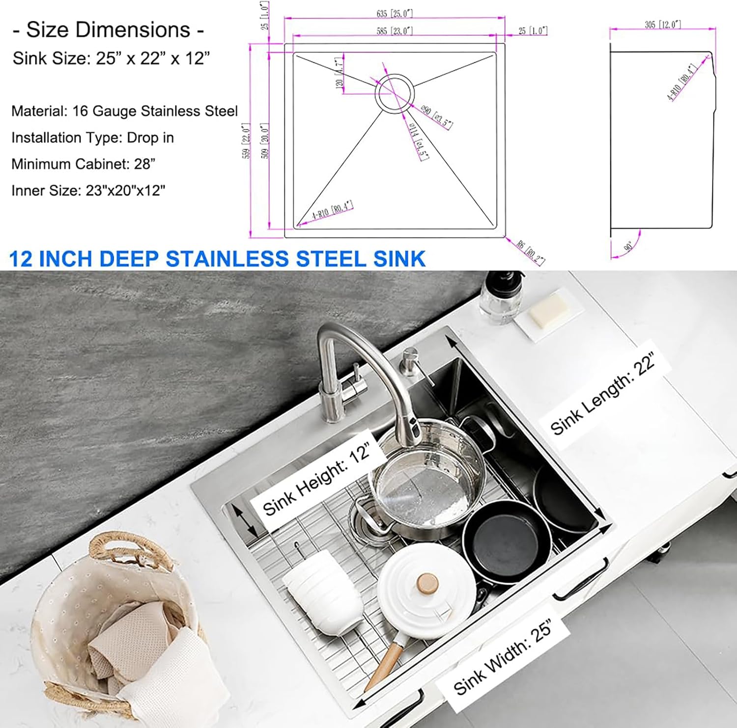 Drop in Laundry Sink, 25x22 Stainless Steel Utility Sink with Faucet 16 Gauge 12 Inch Extra Deep Single Bowl Laundry Room Basin with Soap Dispenser