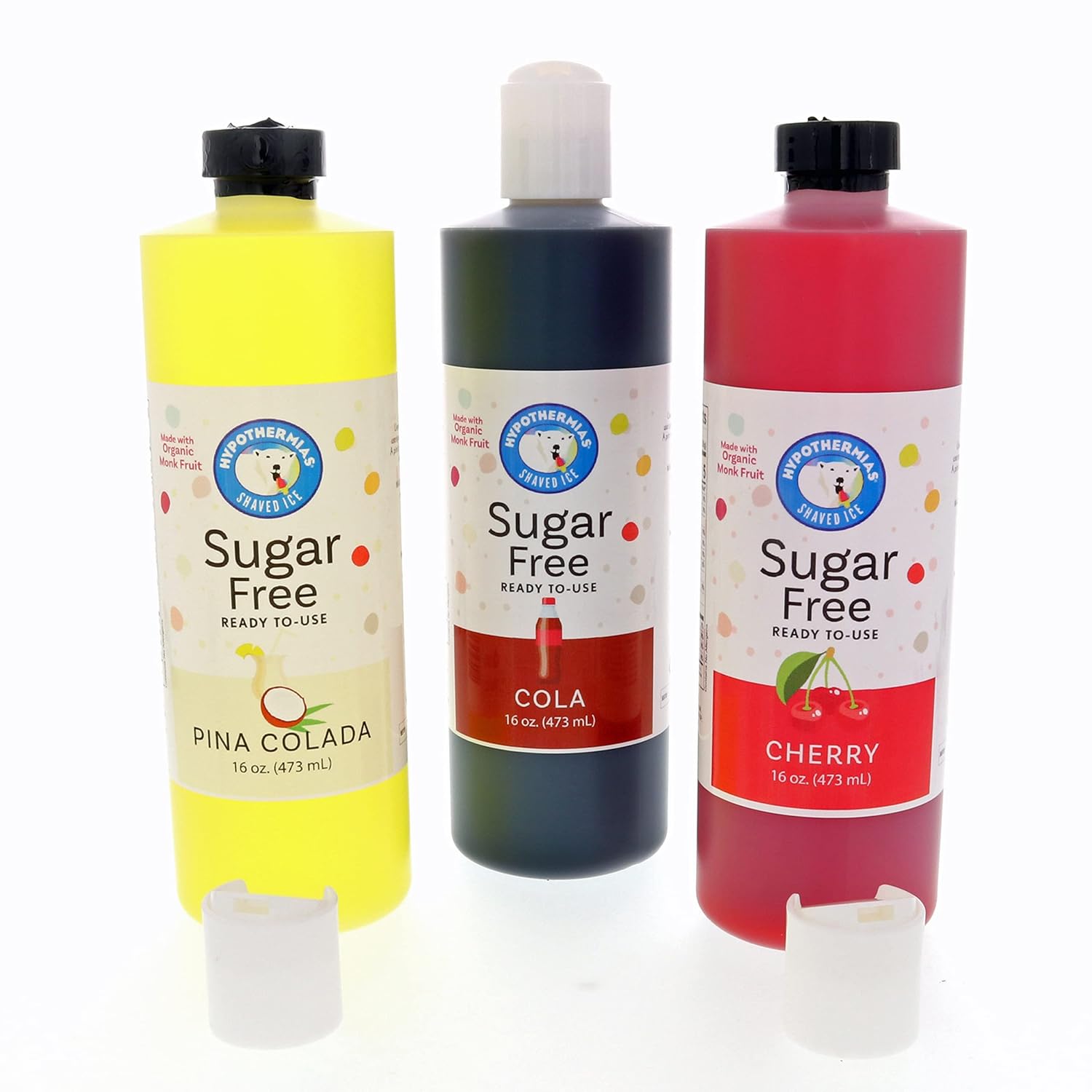 Hypothermias Sugar Free Snow Cone Syrup Gift Set in Box 🎁 Diet Flavor Syrup, Shaved Ice, Soda, Coffee Syrup 🍧 Piña Colada, Cola, Cherry ☕️ Made from Organic Monk Fruit and Organic, Non-GMO Erythritol - 3 Pack Pints (16 Fl. Oz each) - BPA-Free Plastic Bottle with Pour Top