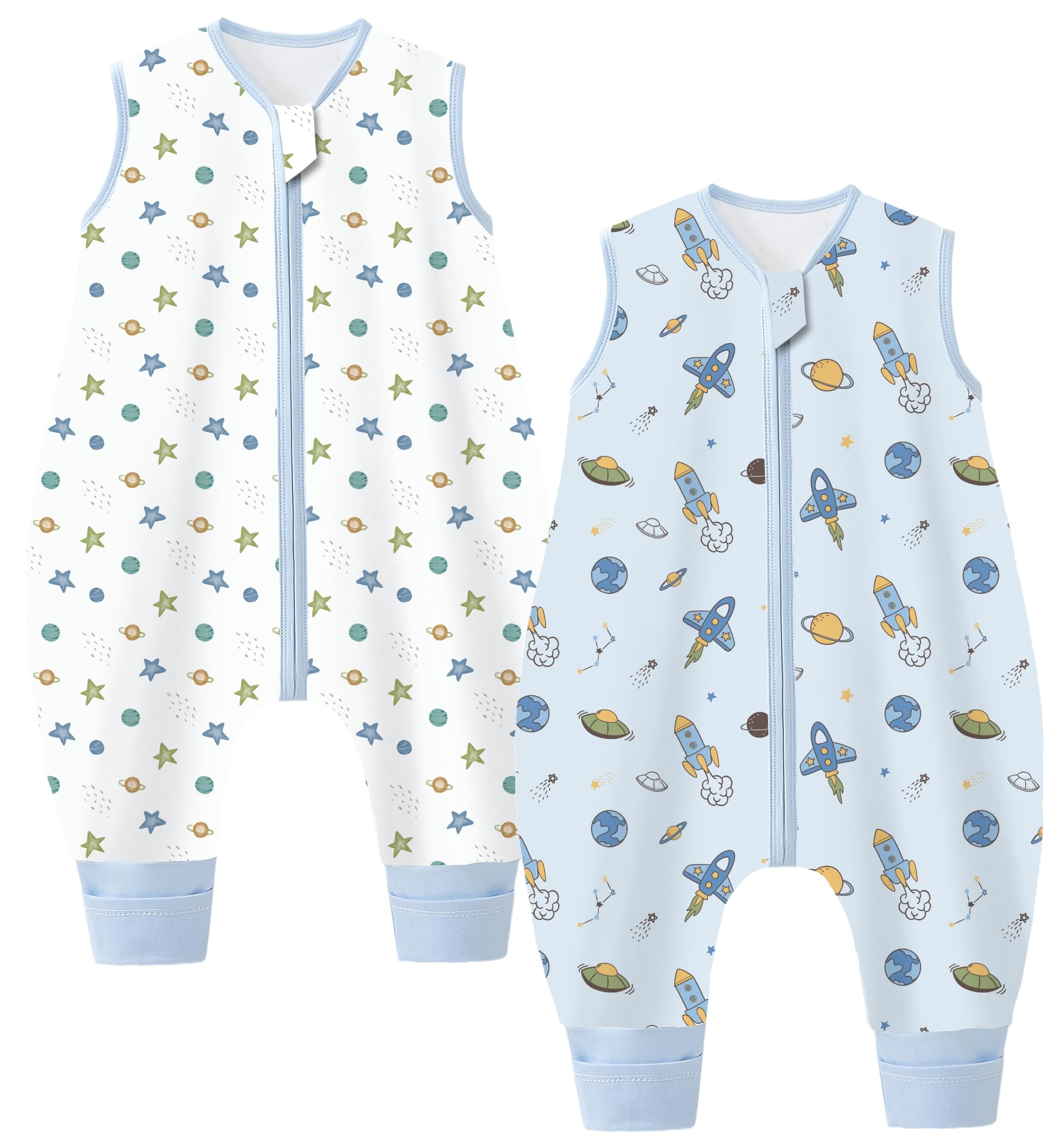 Teechodina Baby Schlafsack mit Füßen 2er Pack 100% Baumwolle 1.5 Tog Kinder Ganzjahres Schlafsack mit Beinen für Jungen Mädchen