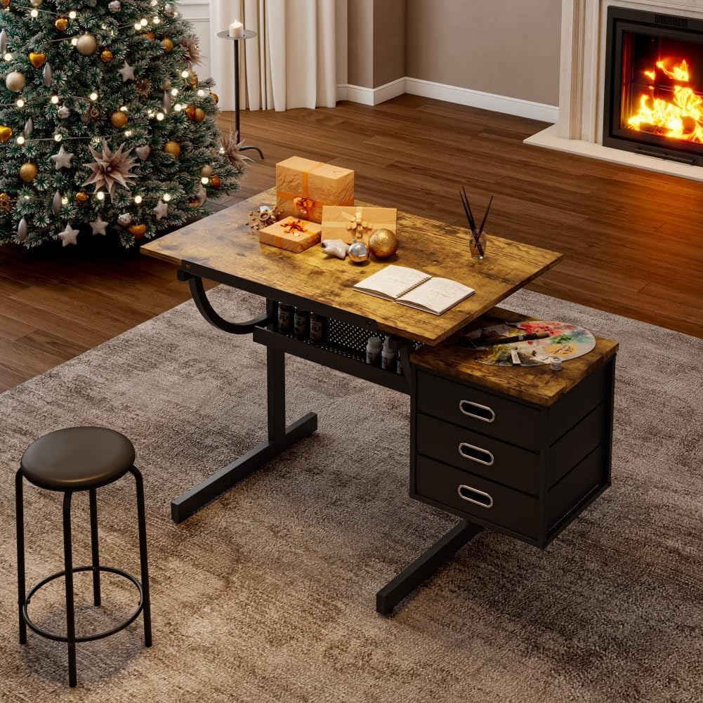 Drafting Table with Storage, Adjustable Angle Art Table with Stool, Craft Table for Drafting, Painting, Reading, Writing (Brown)