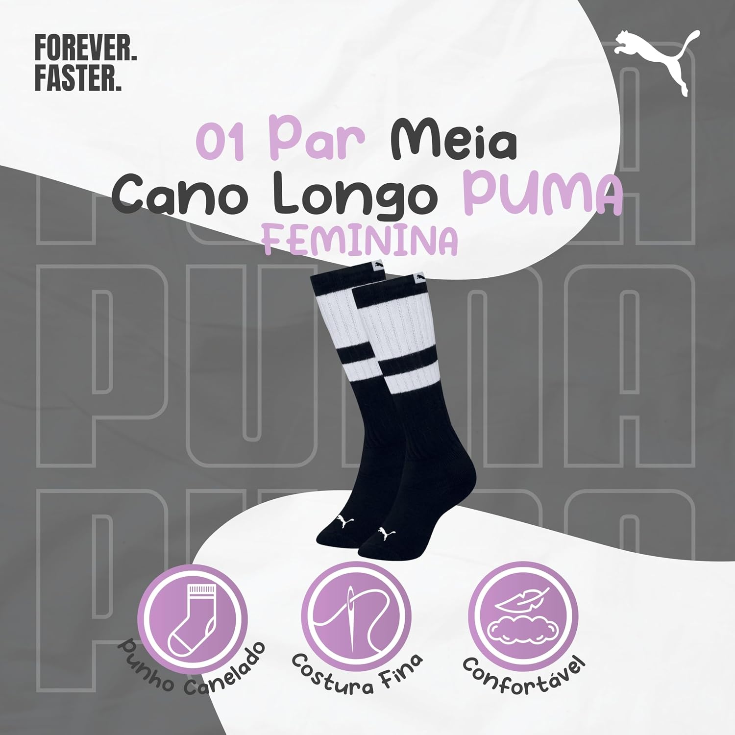 Meia Puma Cano Alto 3/4 Feminina Canelada Esportiva Academia