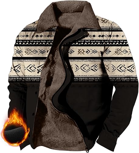 MARSVOVO Abrigos de invierno vintage azteca occidental de forro polar para hombre, chaqueta retro con forro de sherpa, chaquetas cálidas con