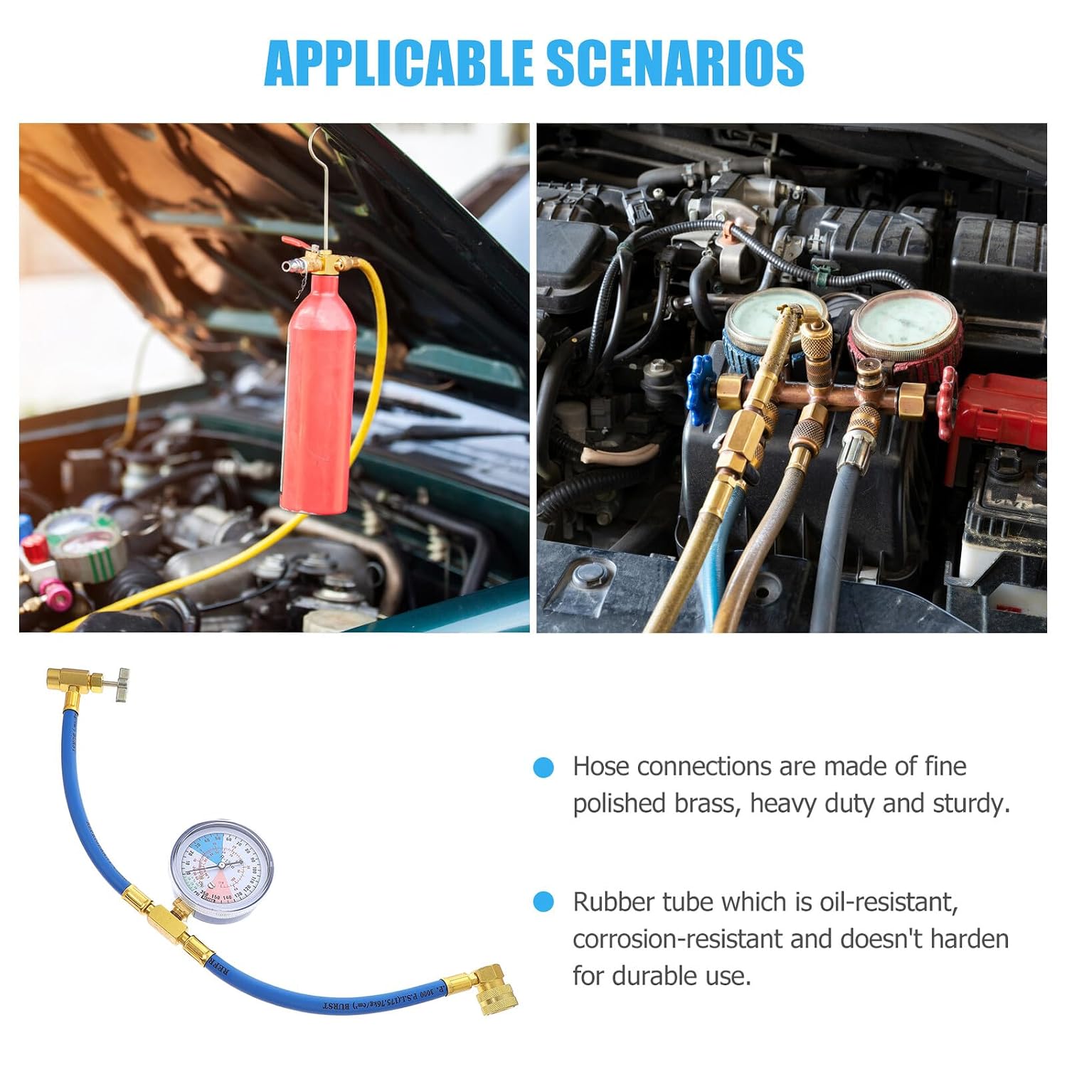 Refrigerant Charge Hose with Pressure Gauge, Filling Tube for Vehicle Air Conditioner, Low Pressure Measuring Hose Suitable for Car HVAC Recharge and Refrigeration Repair