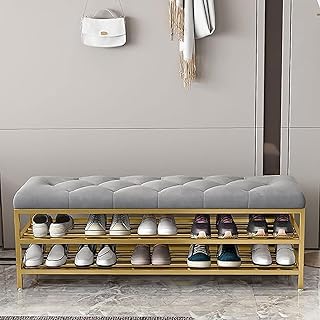 Teak Wood Art Shoe Rack Bench Organizer with Mesh Seat for Bedroom Entry Window Mudroom Living Room, 3-Tier Fleece Bench B... Price In India