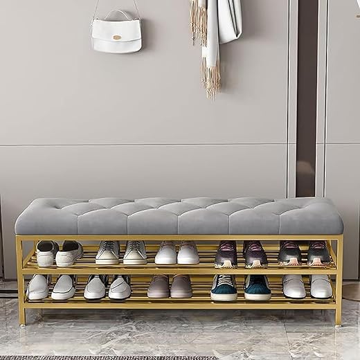 Teak Wood Art Shoe Rack Bench Organizer with Mesh Seat for Bedroom Entry Window Mudroom Living Room, 3-Tier Fleece Bench B...