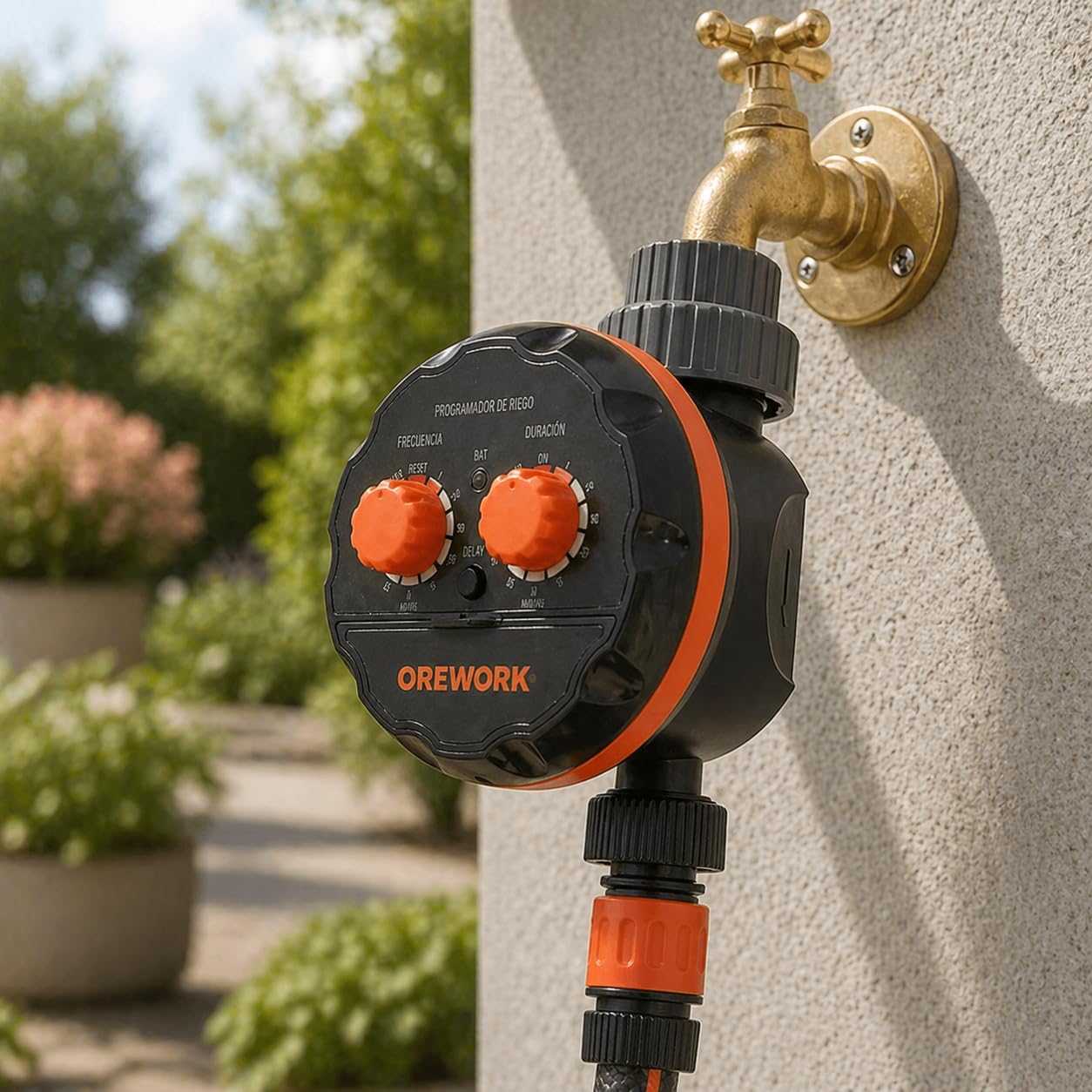 OREWORK Programador de Grifo Presión Cero 2 Botones, Temporizador de Riego Automático 0-7 Bar, Frecuencia 1 Hora a 7 Días, Duración 1-120 Min, Función Delay, Válvula Motorizada