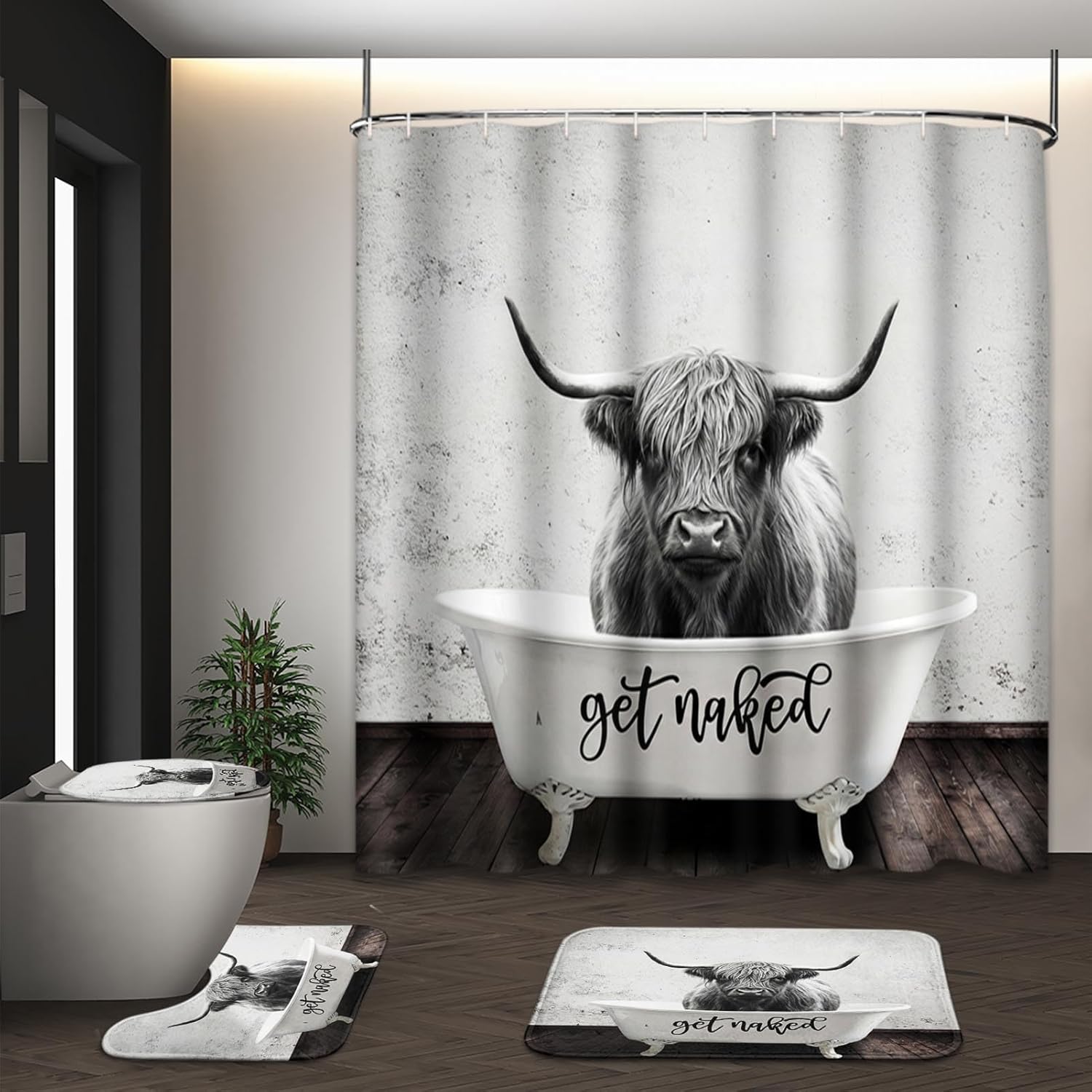 Highland Cow in Bathtub Shower Curtain Set with Toilet Lid Cover and Non-Slip Rugs, Get Naked Grey 4 Pcs Shower Curtain with 12 Hooks, Funny Bathroom Set with Rugs and Accessories