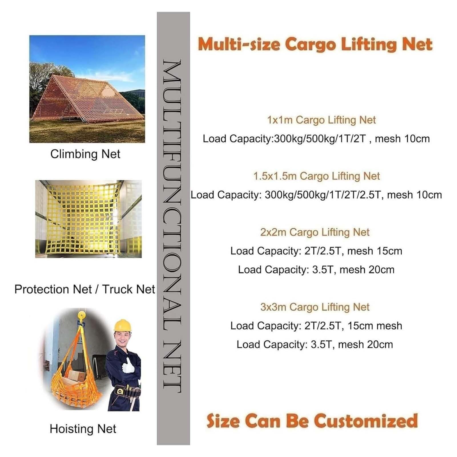 Rete di Sollevamento Carichi in Poliestere - Rete di Sollevamento Robusta con Corde, Fascia A Rete Antistrappo, Attrezzatura Mobile di Trazione(2 X 2m/Mesh 15cm/Load 2.5t)