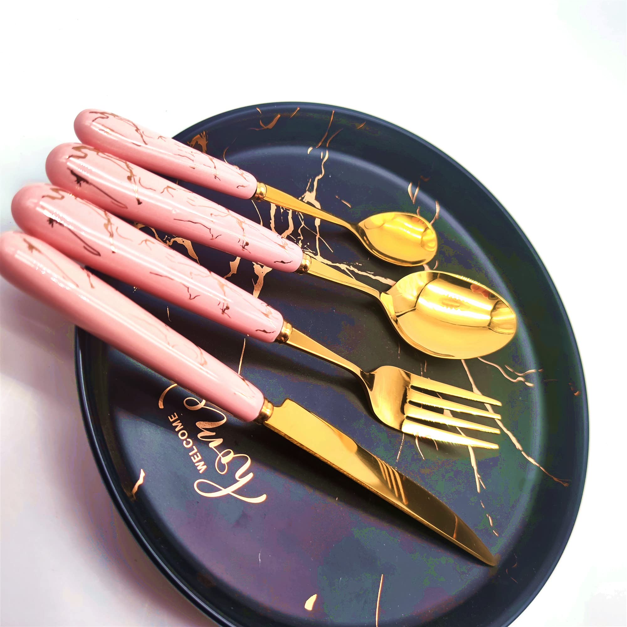 Ensemble de couverts en argenterie, 24 pièces, service table, acier inoxydable 304, ensemble avec manche céramique, fourchette, cuillère, couteau, lavable au lave-vaisselle
