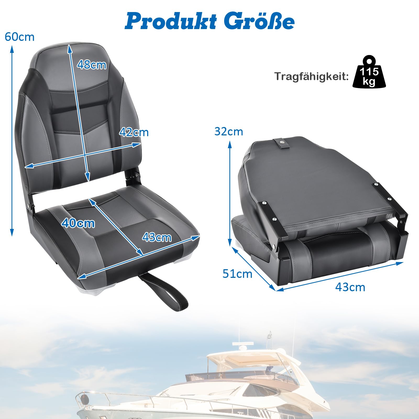 COSTWAY Hochlehner Bootssitz, klappbarer Bootsstuhl mit 10 cm dicker Schwammpolsterung, gepolsterter Steuerstuhl für Boote (Schwarz, Einzeln)