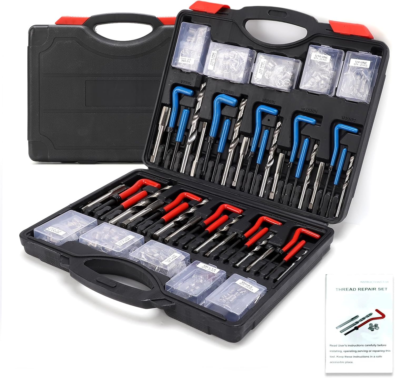 261PCS Thread Repair Kit, SAE Metric Steel Insert for Automotive Engine with Drill Bit Tap Gauges, Thread Metric Inserts Repair Kits for Aluminum Iron Carbon Steel Bronze (261pcs)