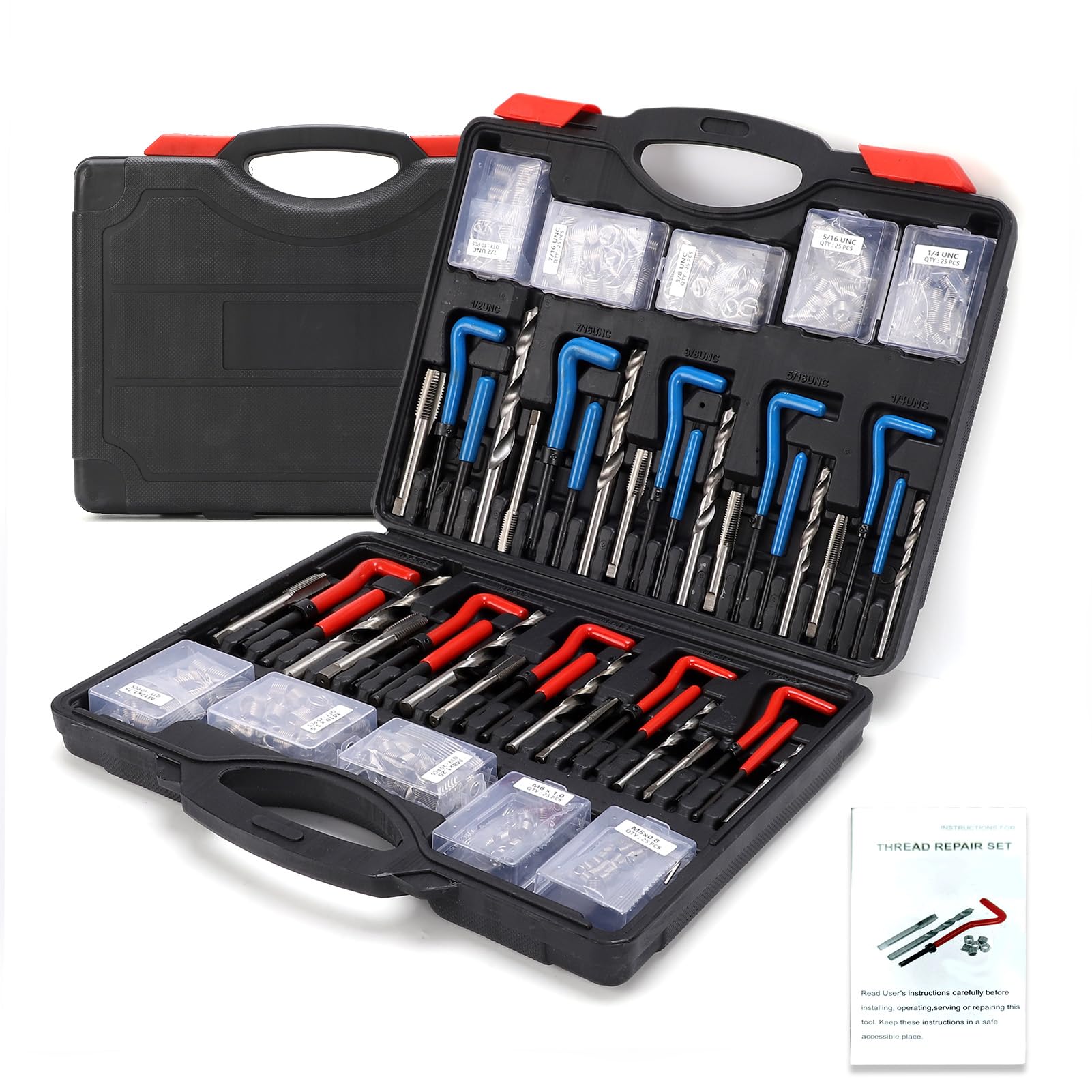 Kit di riparazione filettature, set di riparazione filettature per viti automobilistiche da 261 pezzi con inserti in acciaio, SAE e METODO metrico da M5 a M12, da 1/4 a