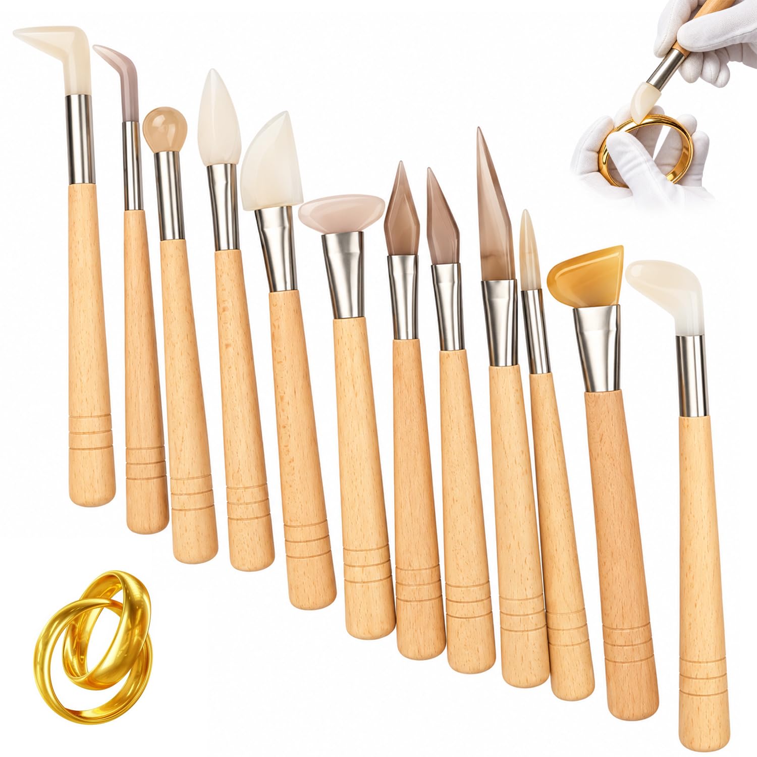 Herramienta Bruñidora De Ágata con Mango De Madera, Puntas Planas, Angulares Y Redondas, Kit De 12 Piezas para La Fabricación De Joyas, para Bruñir Pan De Oro, Tallar Madera Y Pulir Metales