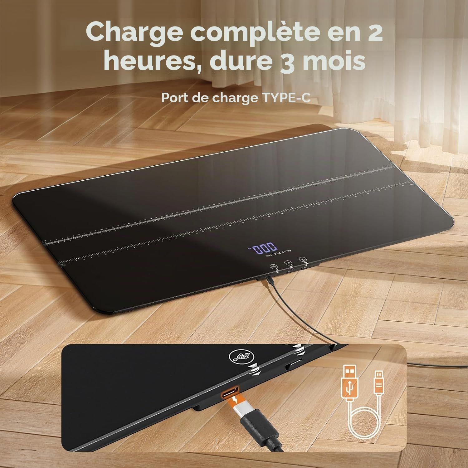 Bonvoisin Balance Animale Numérique jusqu'à 100 kg, Balance pour Chats et Chiens avec Précision 10 g & 3 Modes (kg/lb/st) – Grande Tapis Caoutchouc 68x33 cm, écran LCD, Fonction Hold, Recharge USB-C