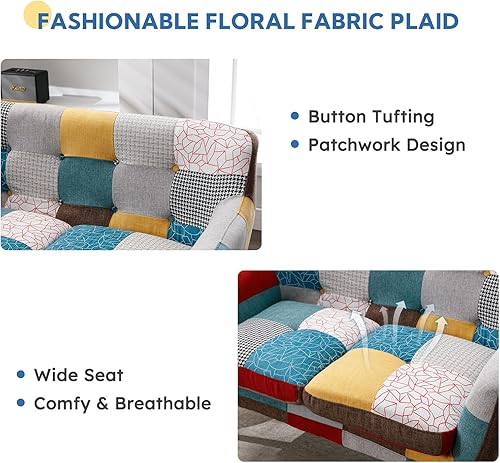 Miniatura 4 de Bonzy Home Moderno sofá biplaza bohemio para sala de estar, dormitorio, tapizado de tela a cuadros coloridos de 2 asientos sofá con patas de madera