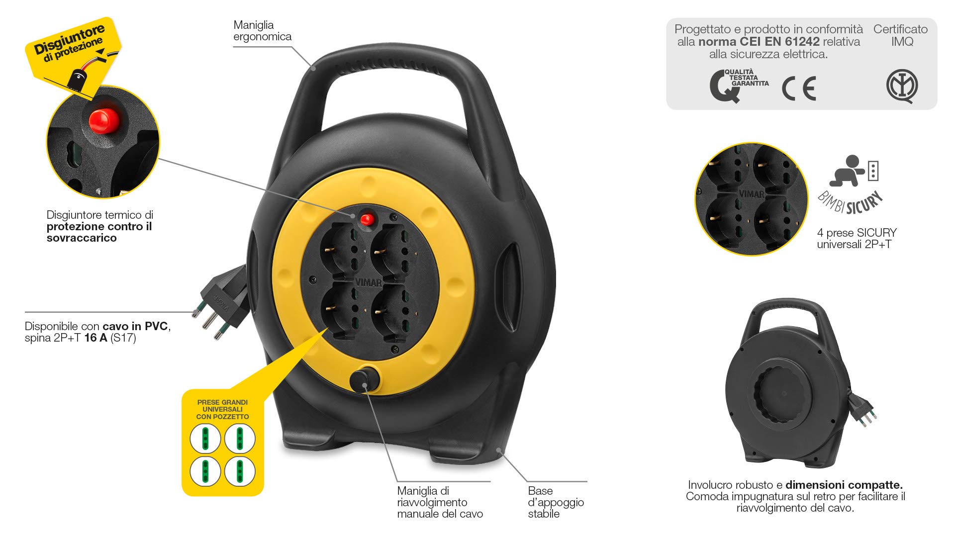 Vimar 0P32714 Enrouleur de câble 10 m avec 4 prises universelles à norme italienne sûre, fiche 16 A (grande) et disjoncteur thermique de protection en cas de surcharge