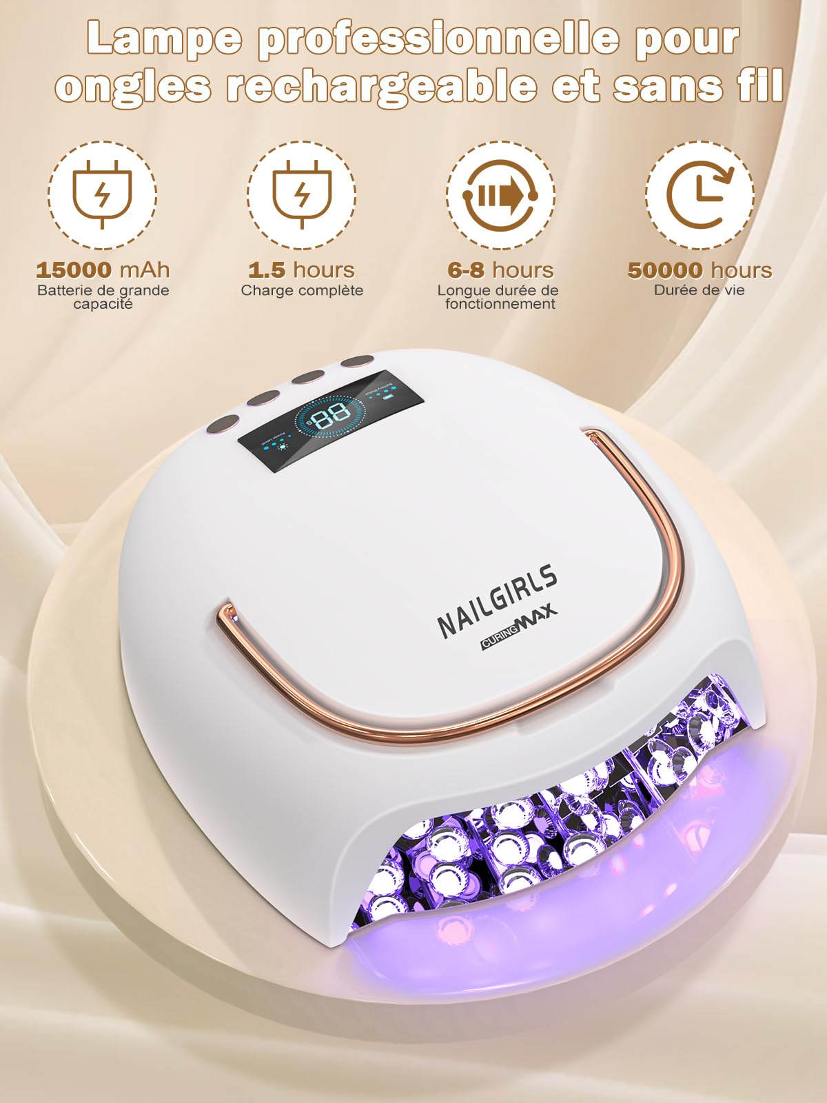 NAILGIRLS Lámpara de uñas recargable de 80 W, lámpara UV para uñas de gel, 4 temporizadores, espaciosa, placa base de metal extraíble, lámpara UV, secador de uñas, lámpara LED UV para técnicos