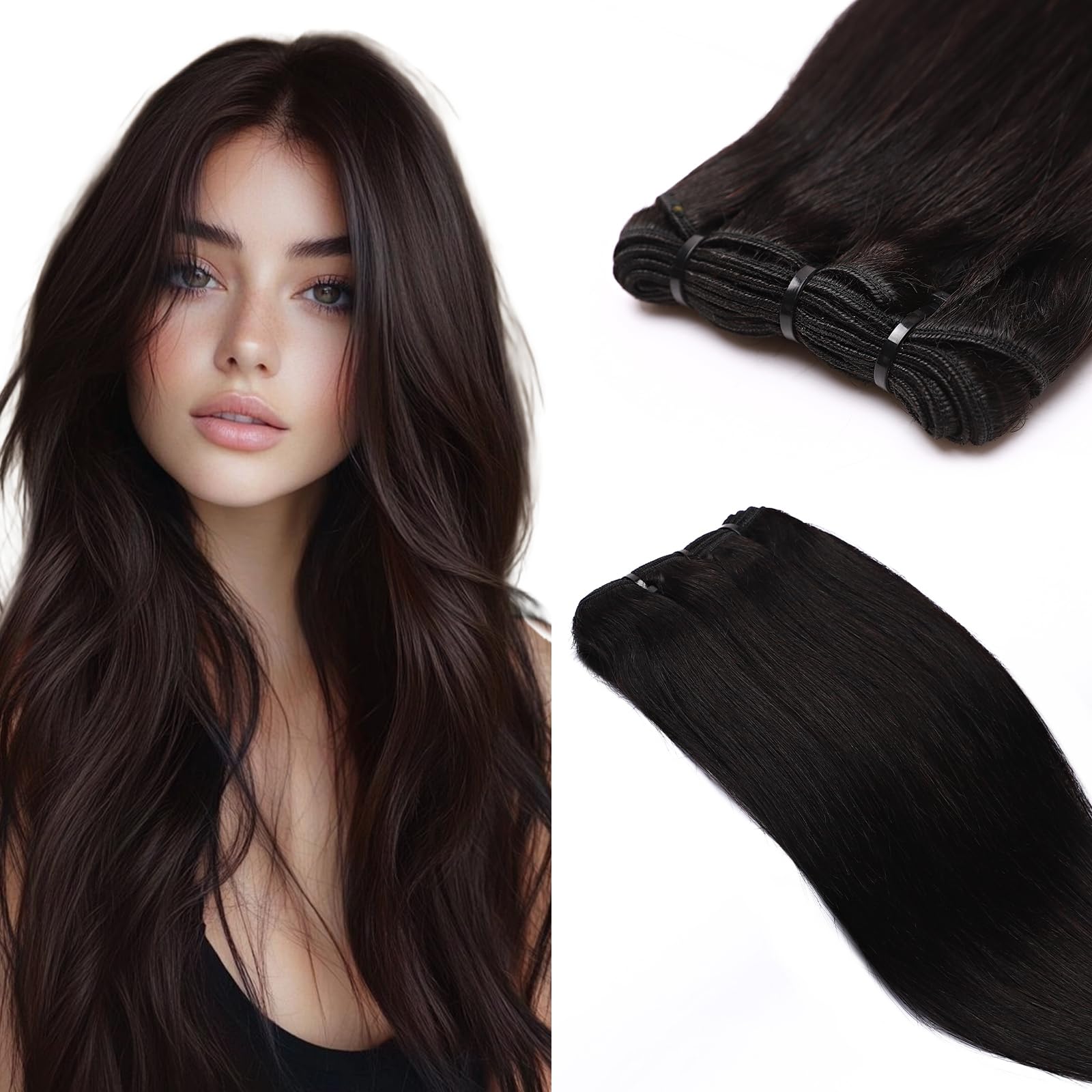 Benehair Double Weft Straight Silky Remy Invisible Sew in Hair 14 Inch 100g Real Human Hair Weft Extensions #1B Natural Black