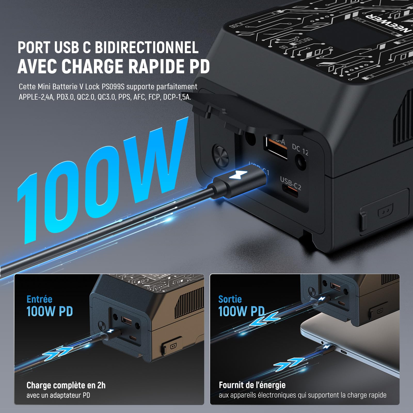 NEEWER Batterie Mini V Mount,Contrôle App,6800mAh,99Wh,100W,PD,Charge Rapide,avec écran OLED & Chiffon Nettoyage,Alimentation de Secour Compatible avec BMPCC 4K & 6K,Caméra,Moniteur,Lampe Vidéo,PS099S
