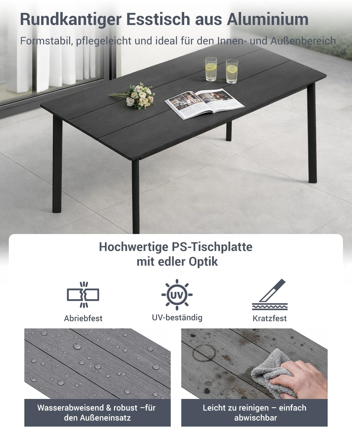 Atenza Gartenmöbel Set 7-teilig wetterfest, Tisch 150x80 cm, 6 Stühle | Aluminiumgestell, PS-Holzoptikplatte, Auflagen mit Haltebändern, verstellbare Füße, für Terrasse Garten Balkon