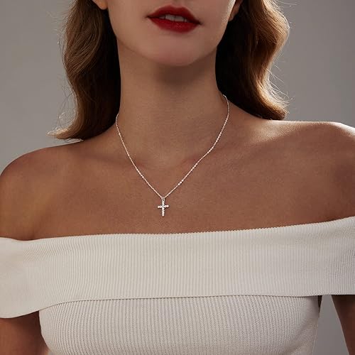 Miniatura 4 de Zeffy Collar de cruz para mujer, chapado en oro de 18 quilates, plata pequeña, circonita cúbica, collar con colgante de cruz para mujer, collares
