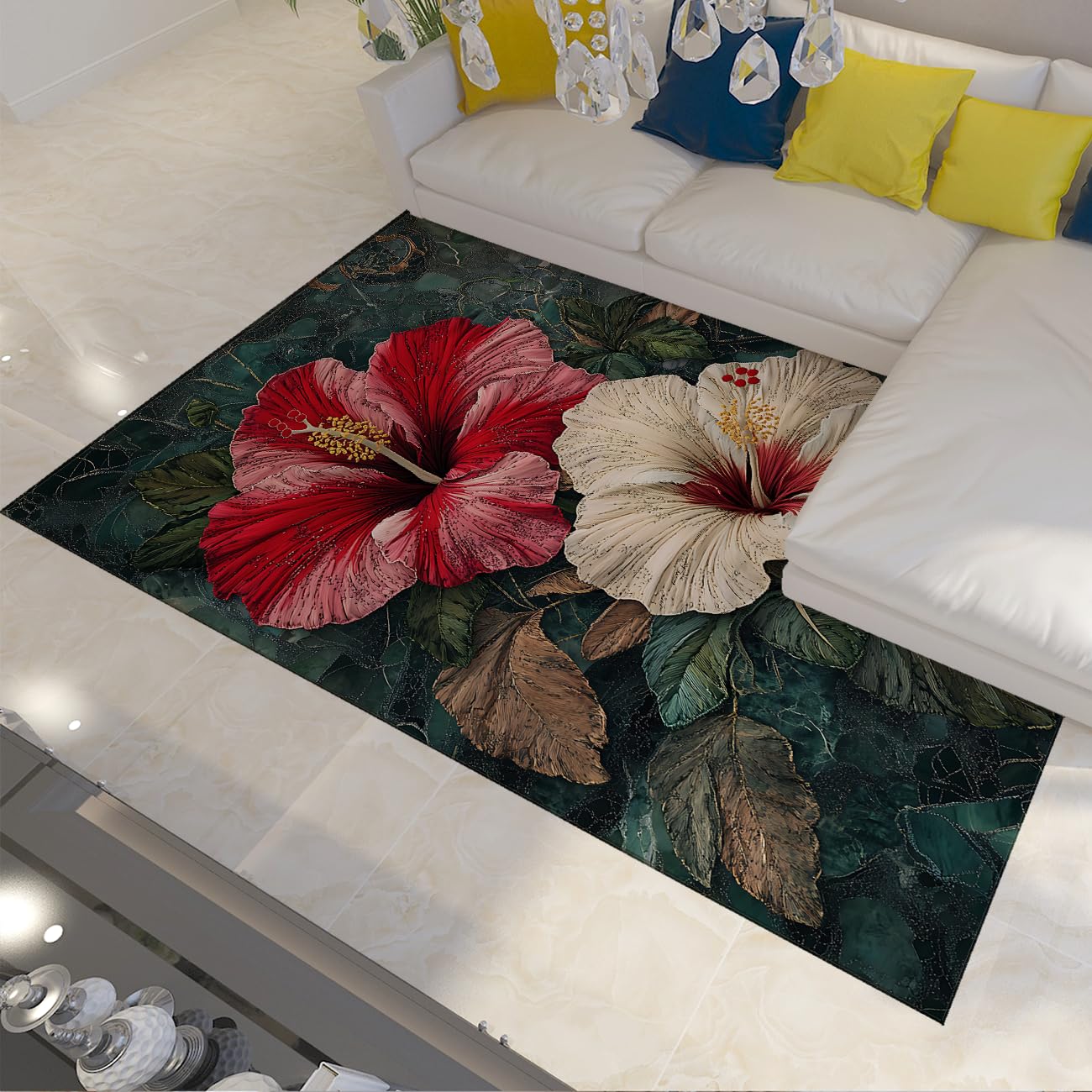 Tapis à poil bas antidérapant hibiscus pour un sol sécurisé