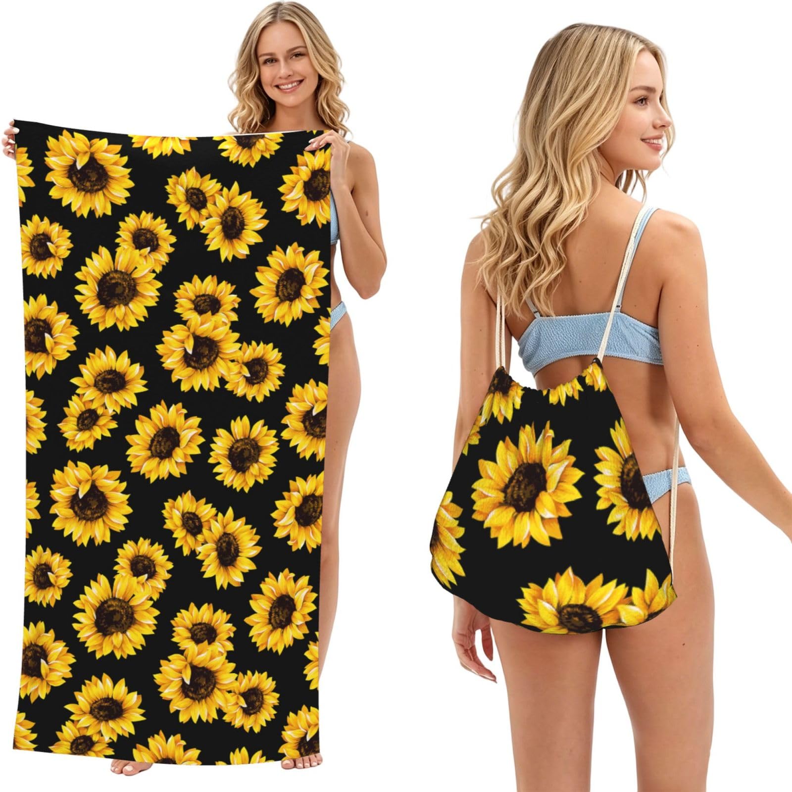 Poadnly As Picture Sunflower, 2 In 1 Packable Towel Bag, Beach Towels With Drawstring Backpack For Travel Holiday Camping