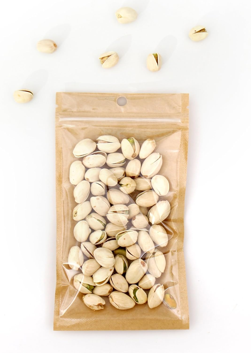 100 Bags/Pack Clear Front Kraft Paper Back with Round Hang-hole Food Safe Resealable Packagaing Bags (6.3" x 9.4", Clear/Kraft)