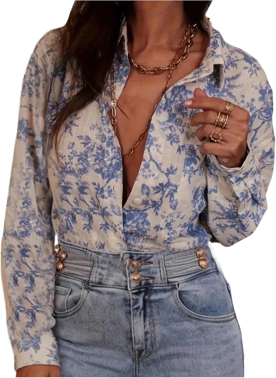 SHENHE Women's Floral Button Down Blouse Long Sleeve Dressy Casual Work Shirt with Pocket