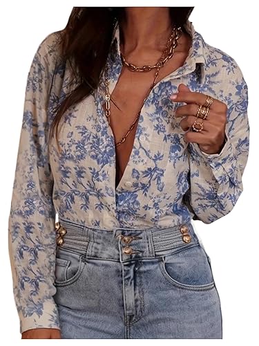 Women's Floral Button Down Blouse Long Sleeve Dressy Casual Work