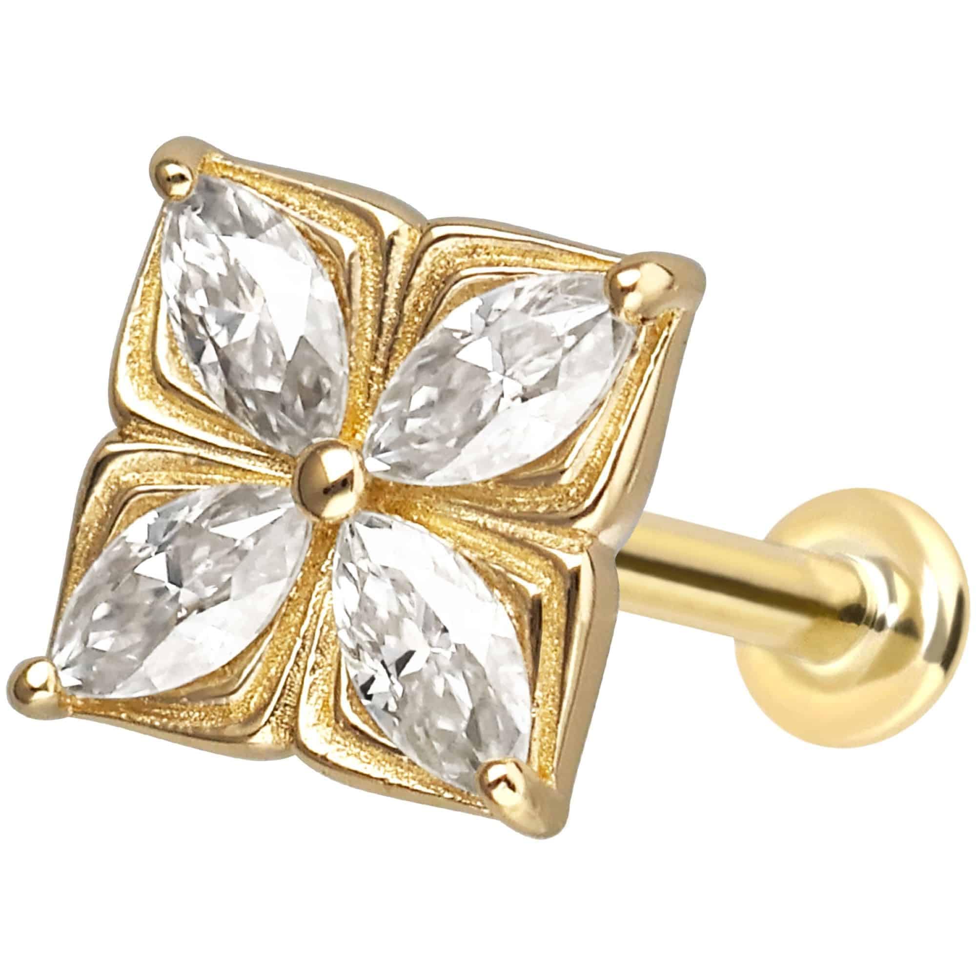 PIERCINGLINE Piercing Stecker 14 Gold Labret mit Push Fit MOISSANIT-BLUME 585er Gold - Roségoldfarben, Goldfarben, Silberfarben