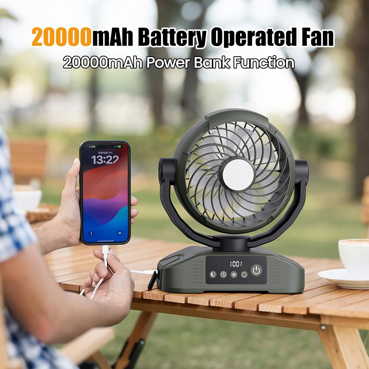 Camping Fan with LED Lantern, 5 Speeds 20000mAh Rechargeable Outdoor Tent Fan with Remote Control Rotatable Portable Personal USB Desk Fan,Apricot