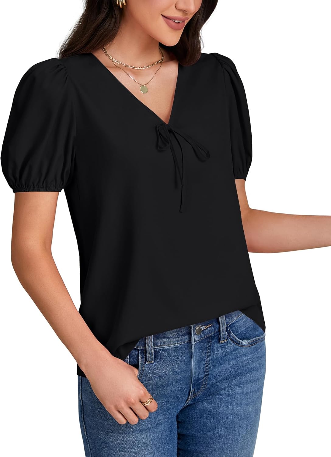 LYANER Women's Ruched Puff Sleeve V Neck Tie Knot Loose Fit Dressy Casual Blouse Shirt Top - Image 5