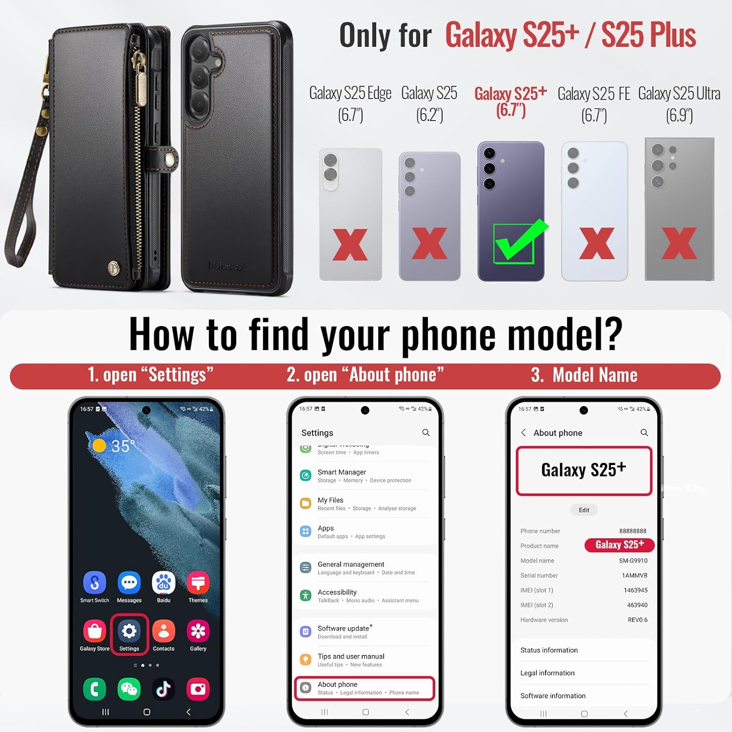 Defencase for Samsung Galaxy S25+/ S25 Plus Magnetic Wallet Case Compatible with Magsafe with RFID Blocking Zipper & Card Holder, PU Leather Detachable Phone Case for Galaxy S25+/ Plus 6.7", Black
