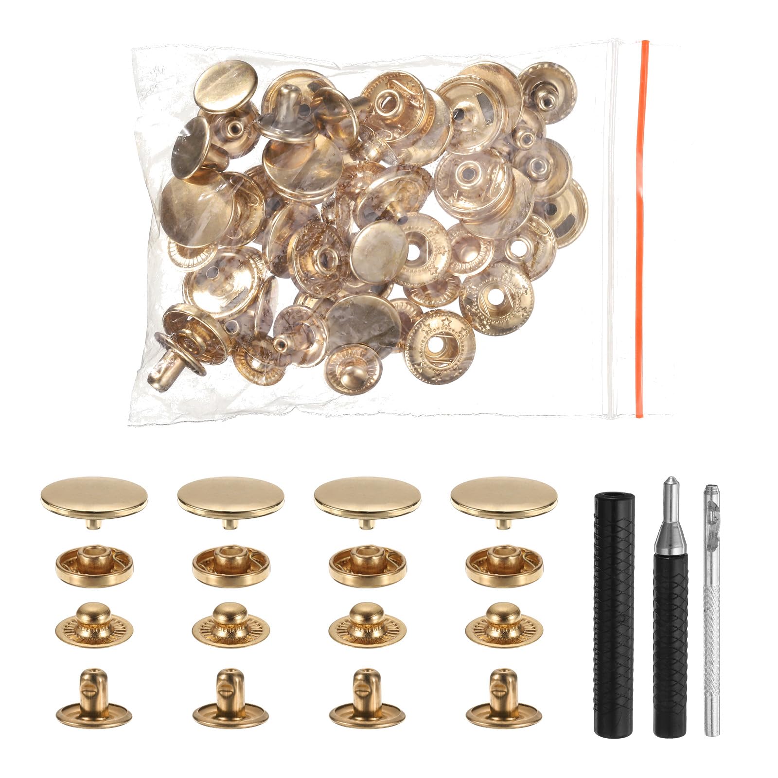 HARFINGTON Juego de 25 cierres a presión de cuero de 17 mm, remaches de cuero con 3 herramientas de ajuste para ropa, chaquetas, jeans, bolsos, color dorado