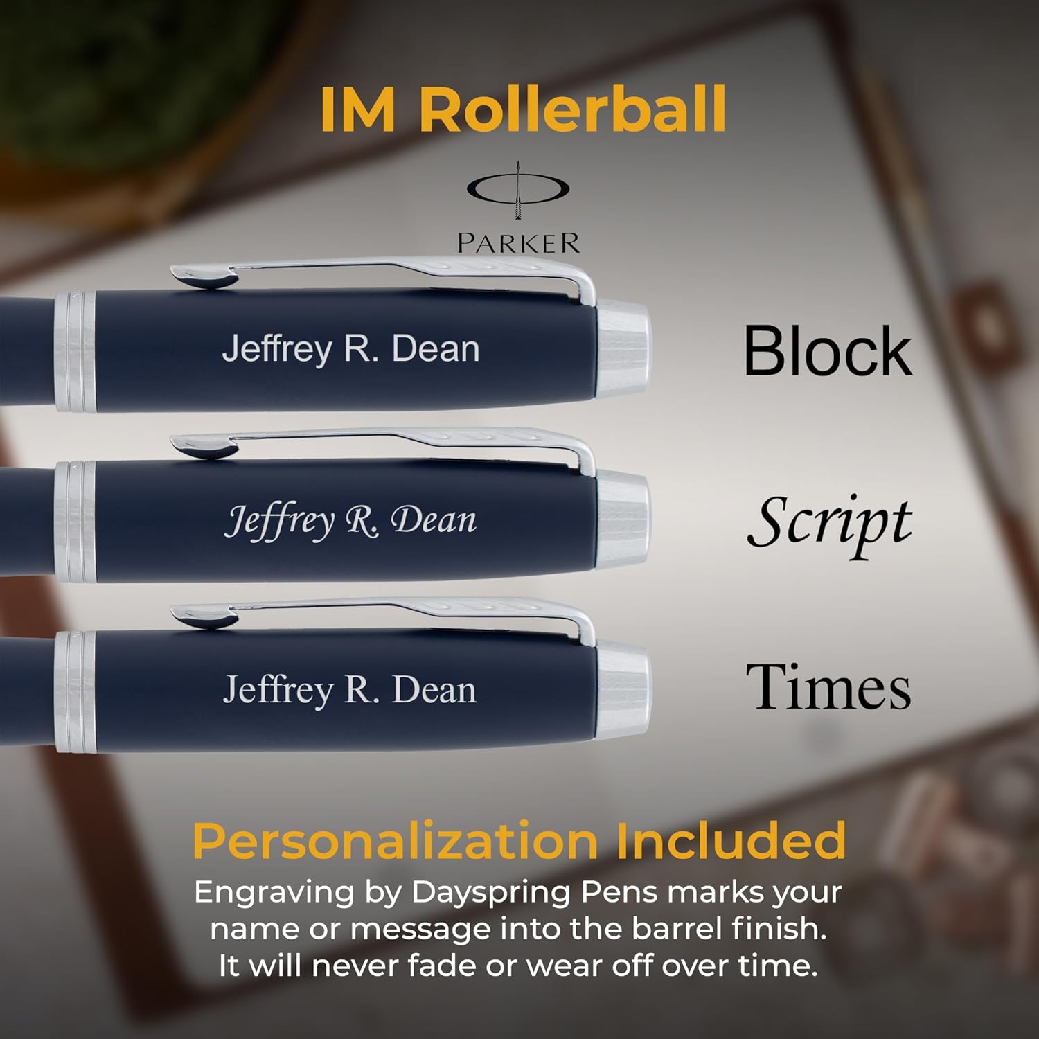 Engraved Parker IM Blue Rollerball Pen. Personalized Matte Finish Gift Pen with Chrome Trim and Black Ink for Professional Gifting and Graduations in a Gift Box