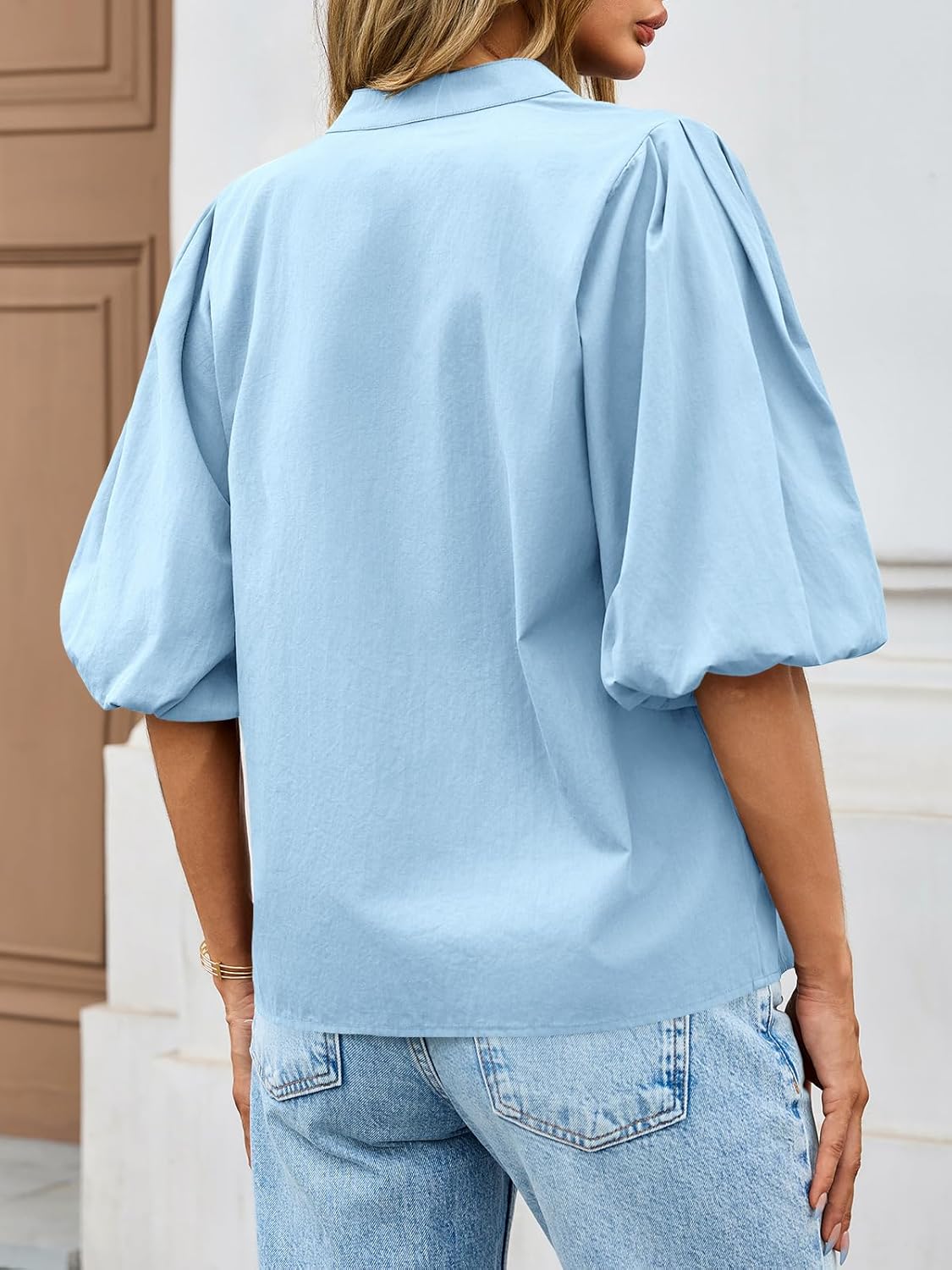 Tankaneo Womens Half Puff Sleeve Button Down Shirts Cotton Loose Fit Tops Summer Dressy Casual Blouses - Image 3