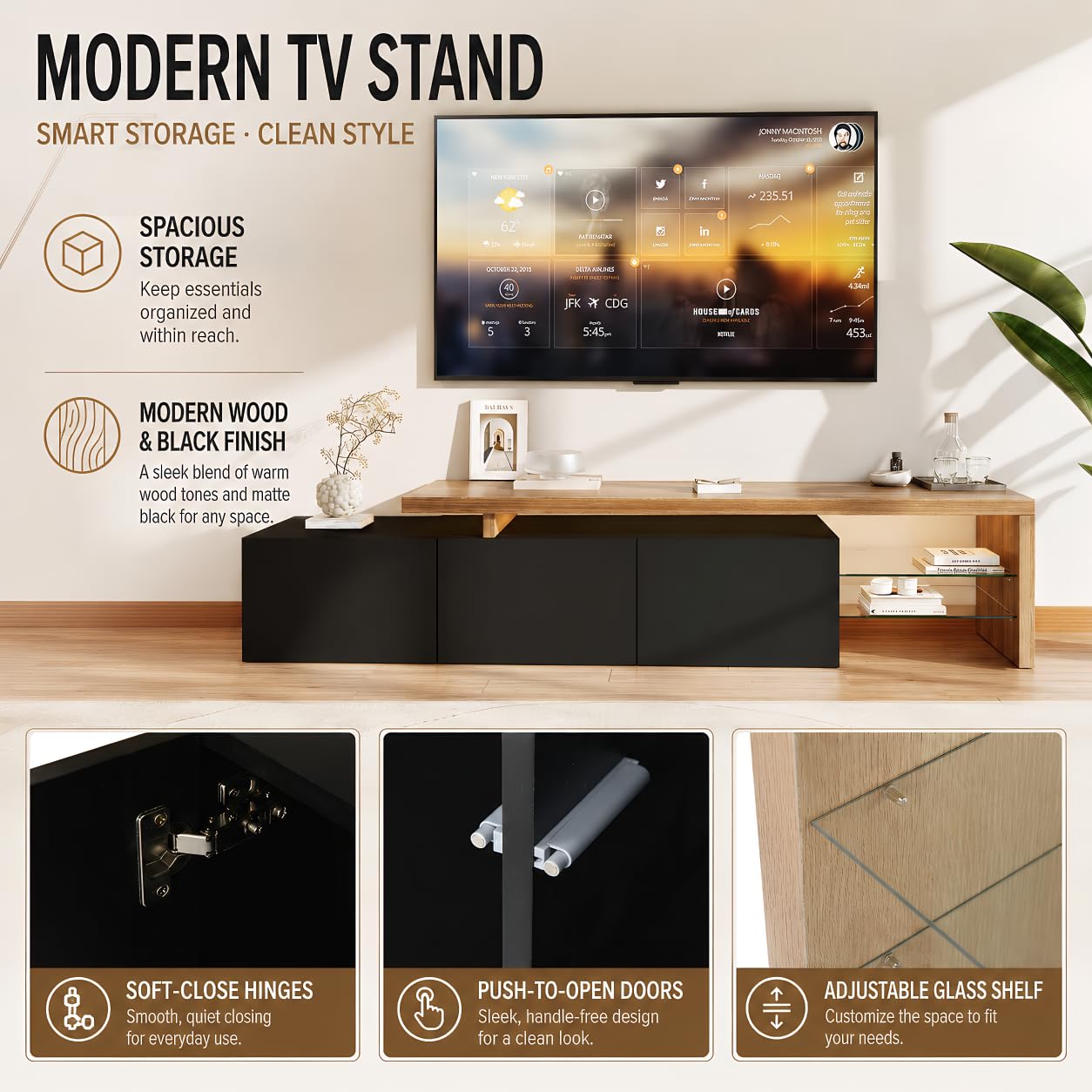 Moderno mueble de TV con LED, mesa de TV con 3 compartimentos, mueble bajo de TV brillante, mesa de salón con estante de cristal, armario de almacenamiento en acabado madera (negro, 200 x 39 x 42 cm)