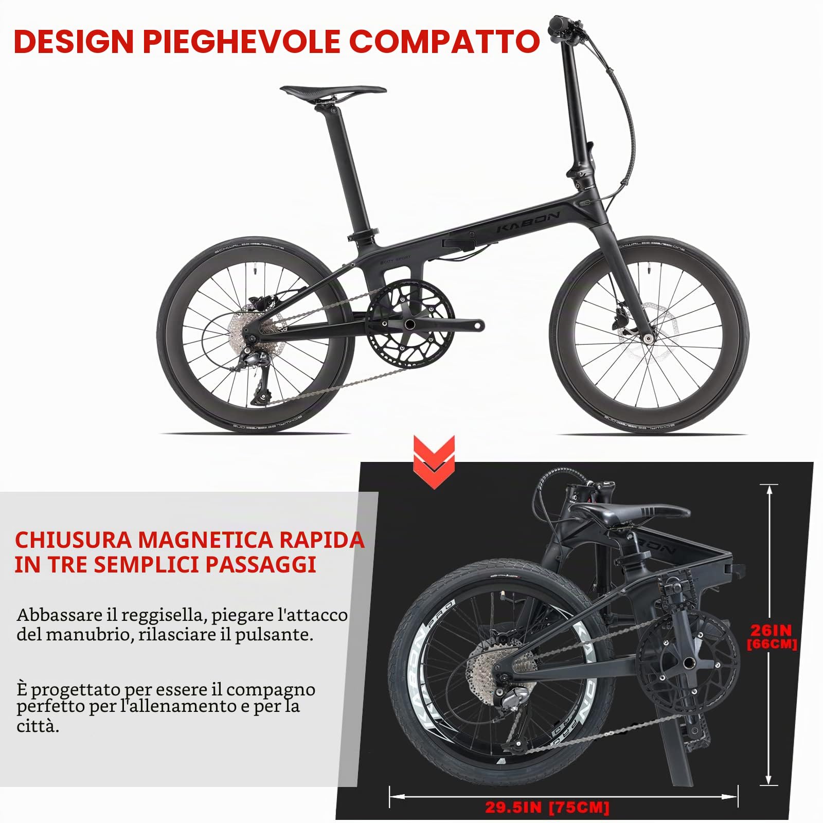 KABON Bicicletta pieghevole per adulti, mini-compatto pendolari in fibra di carbonio City Folding Bike 20inch Carbon Folding Bicycle con ruota in carbonio