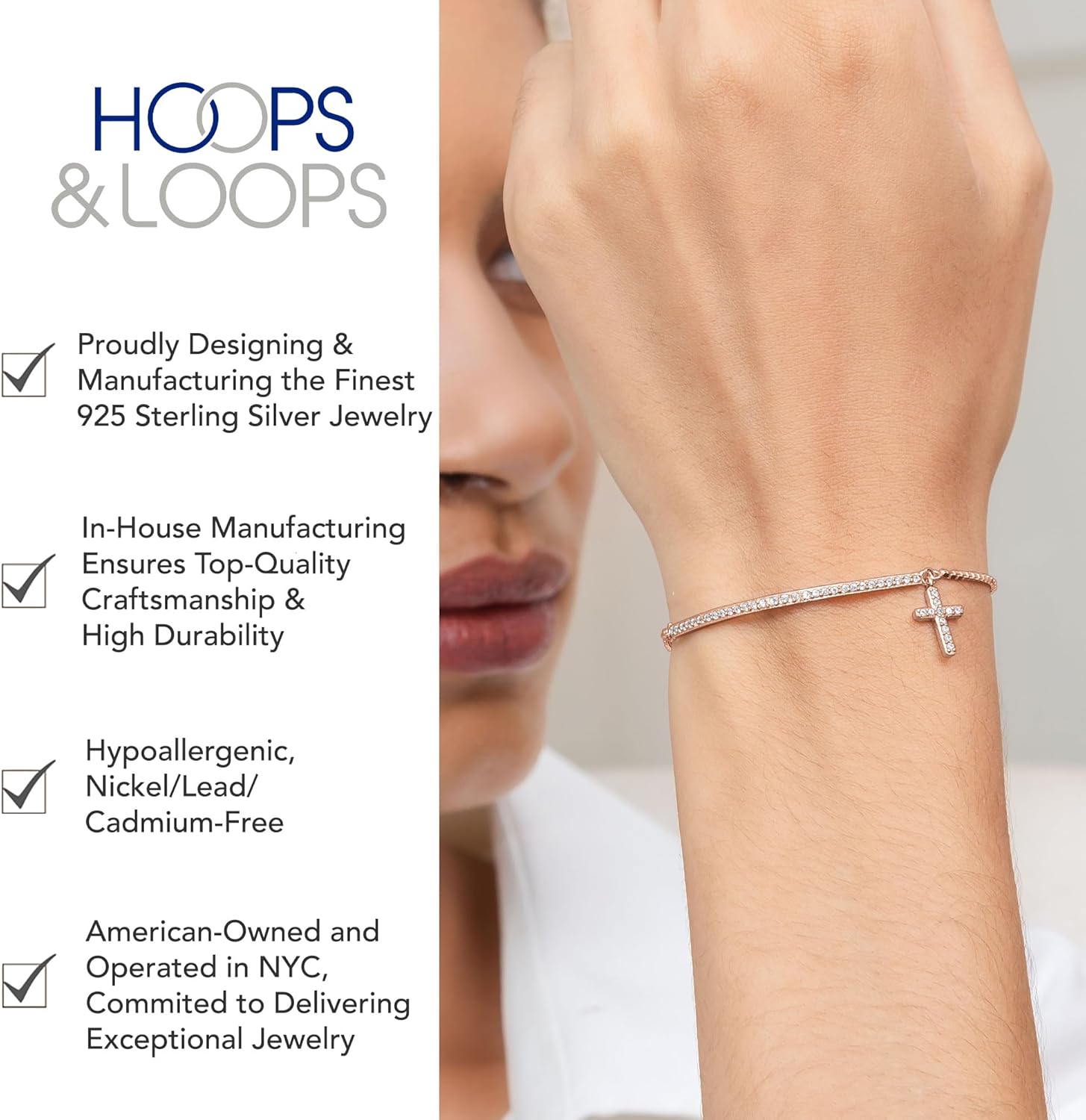 Hoops & Loops Sterling Silver Cubic Zirconia Cross & Bar Adjustable Pullstring Bracelet
