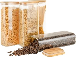 71oz Rectangle Airtight Glass Storage Containers with Bamboo Lids (Set of 4), Square Food Storage Jar, Pantry Organizers for Sugar, Flour, Spaghetti and Coffee beans (‎with Black Lable)