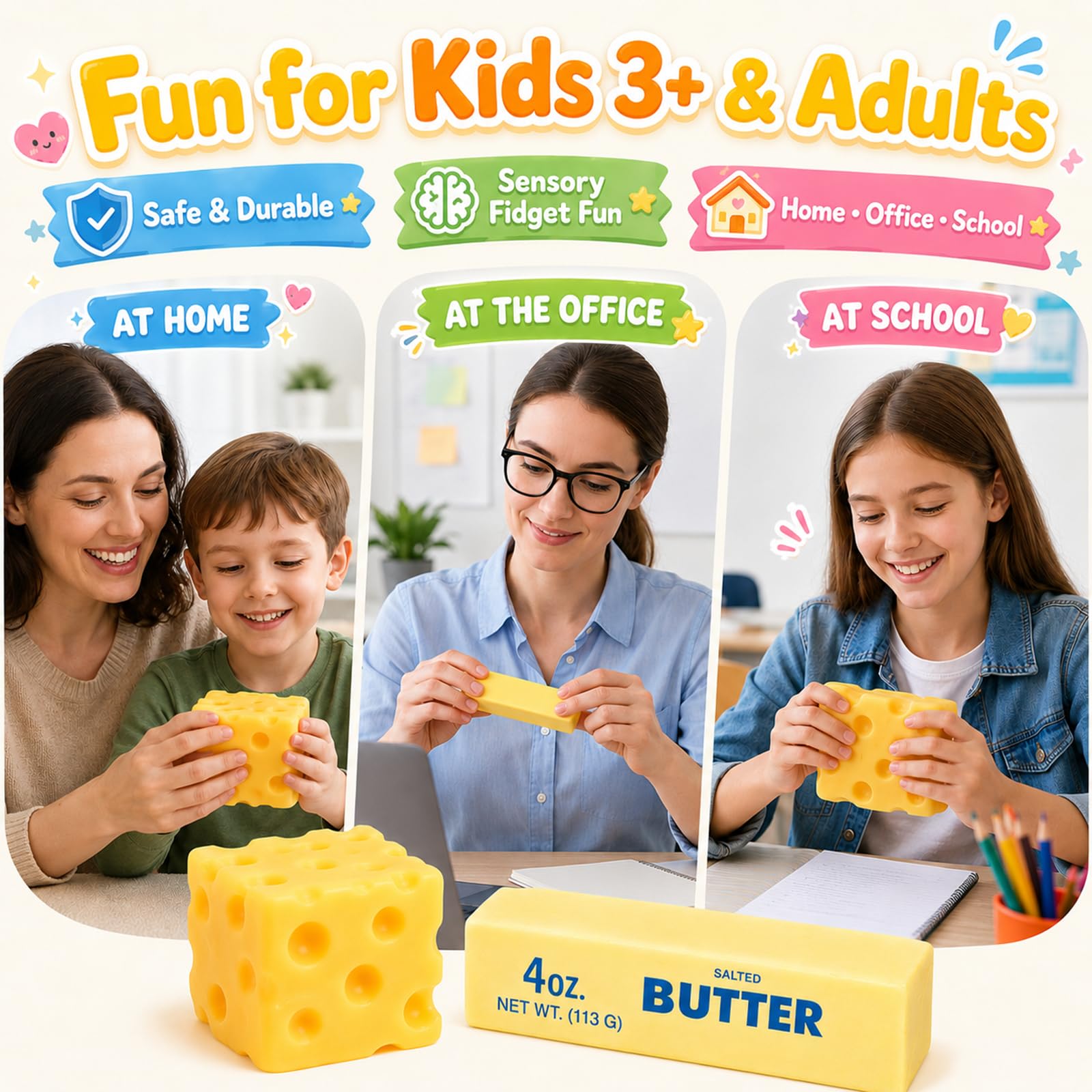 Cheese Butter Squishy Antistress 2 Pezzi, Squishy Formaggio e Burro, Squeeze Toy Giocattoli, Sensoriali Fidget Toy per Bambini e Adulti, Palla Antistress Regalo Divertente (A)